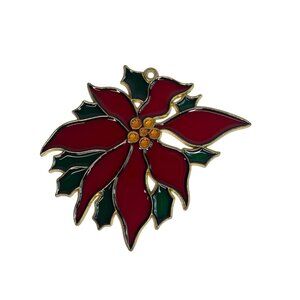 Poinsettia Stained Glass Style Christmas Ornament Metal & Resin Suncatcher Red